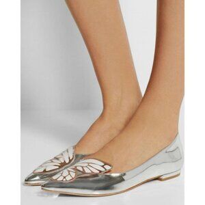 Sophia Webster Bibi Butterfly Silver Metallic Patent-leather Point-toe Flats 6.5